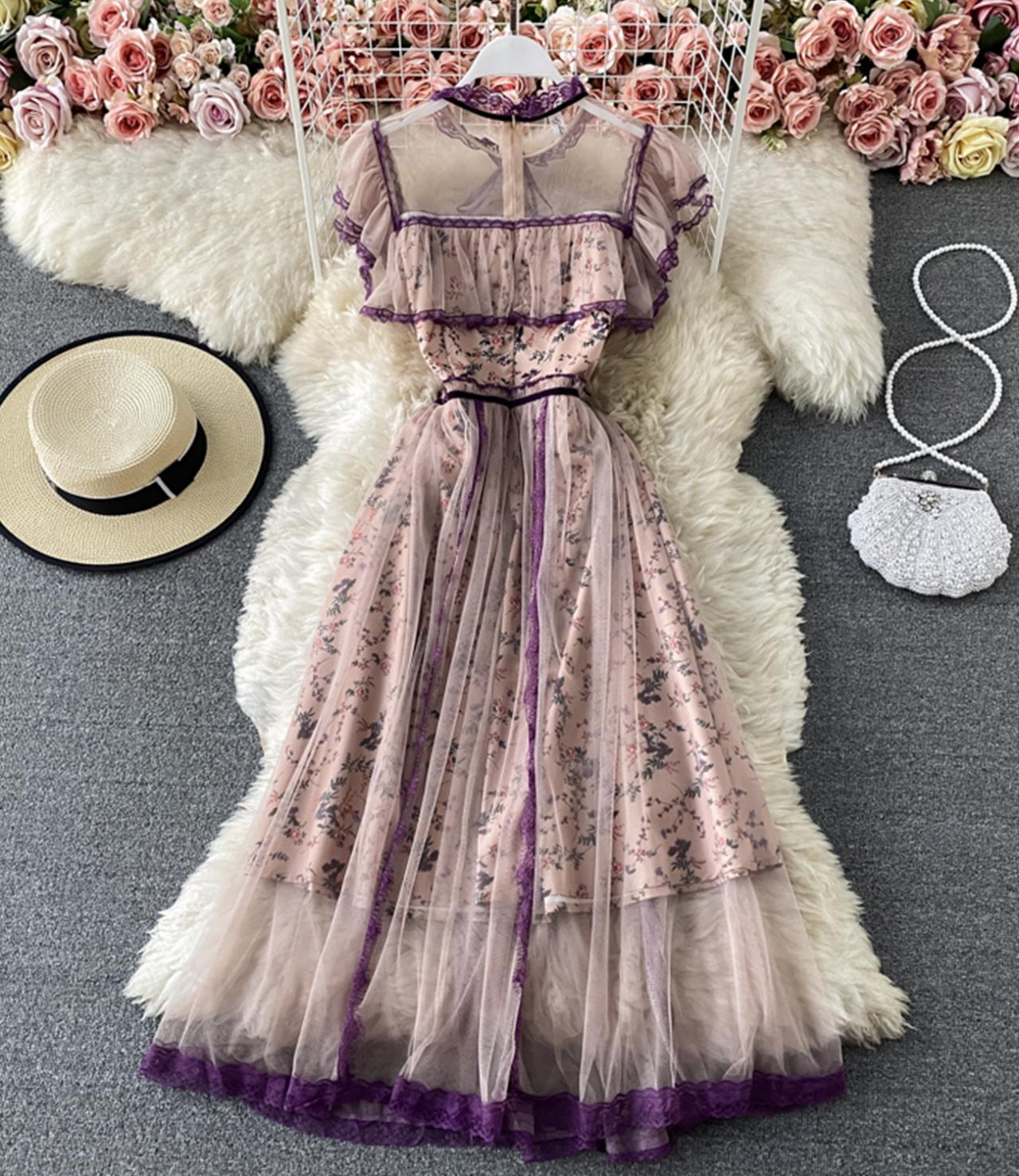 Cute A line dress purple lace dress 823