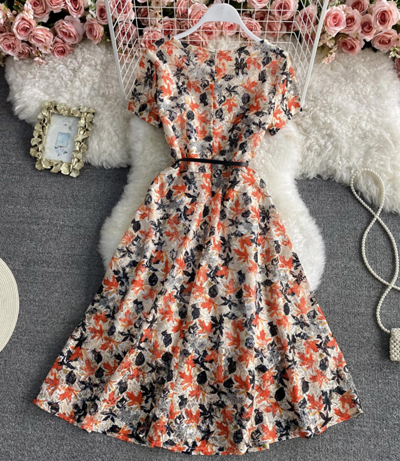 Cute A line floral dress lace dress 794