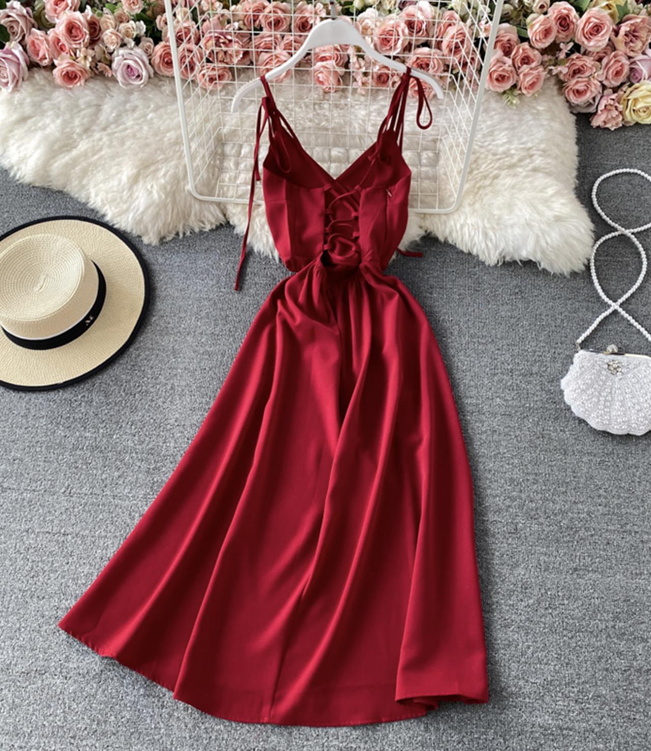 Simple v neck lace up dress A line dress 761