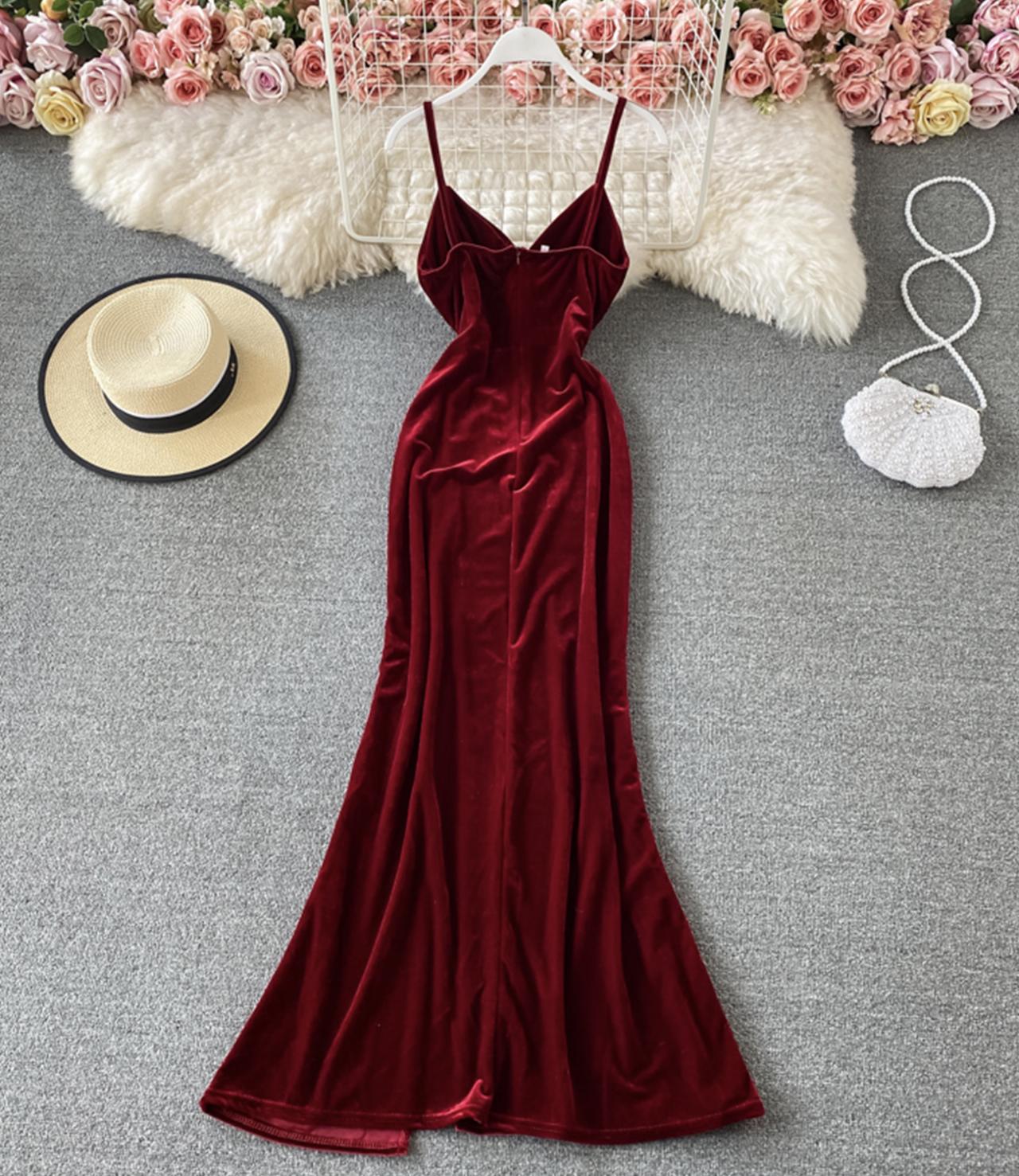 Burgundy velvet long dress 753