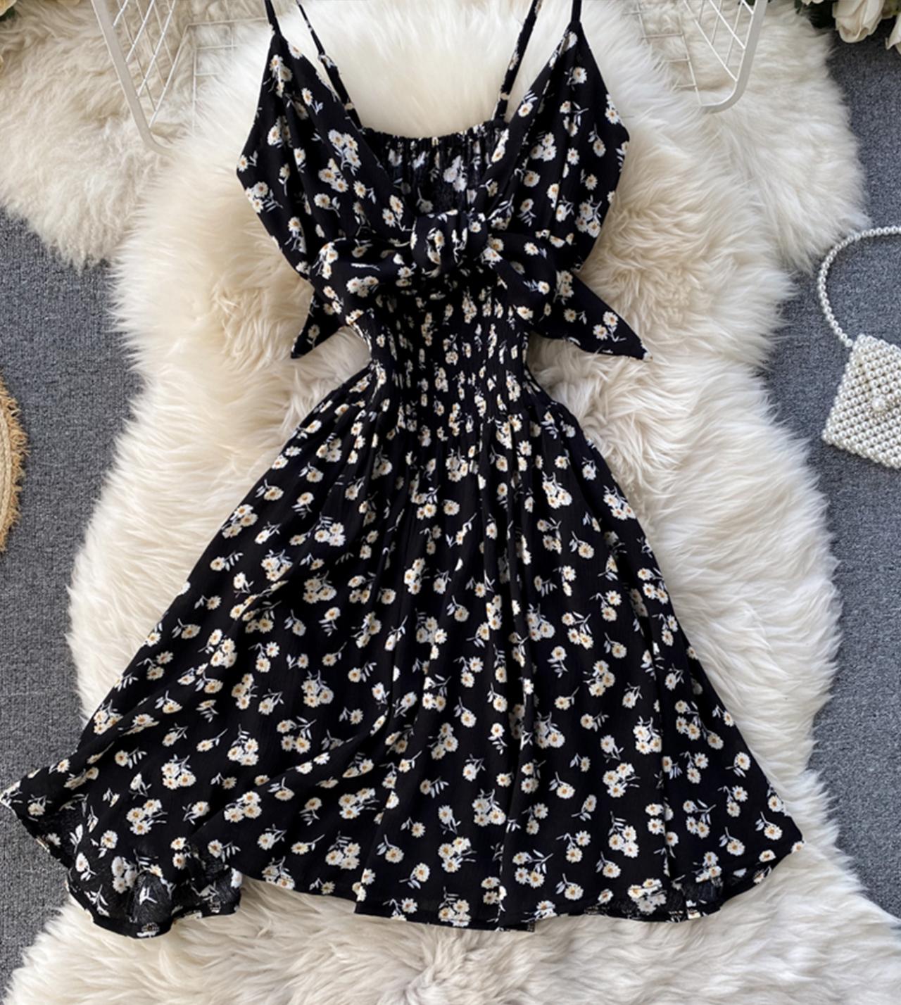 Black A line floral dress with bow 784