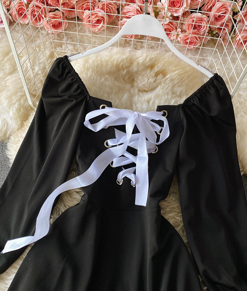Black lace up long sleeve dress fashion dress 897