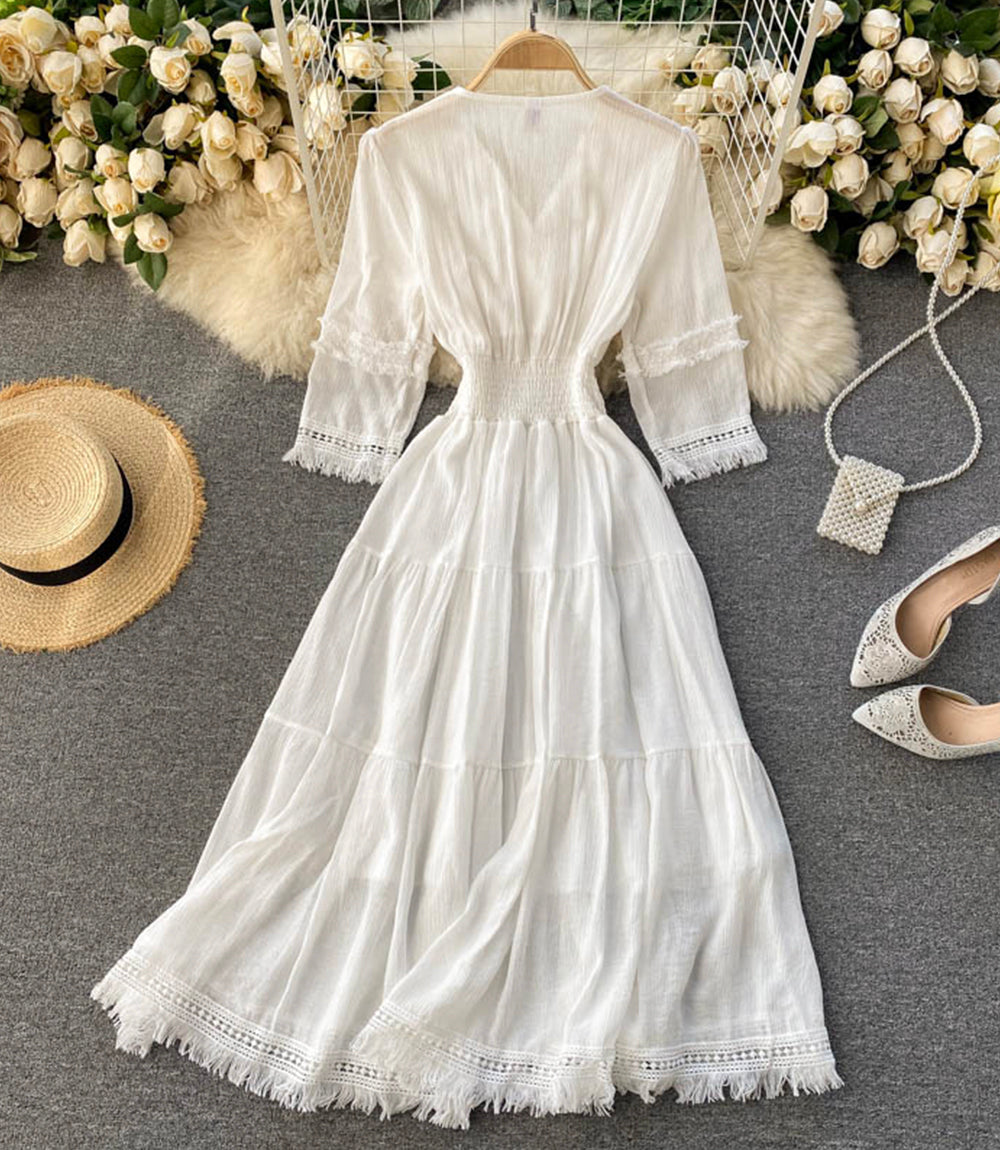 White A line lace dress v neck dress 871