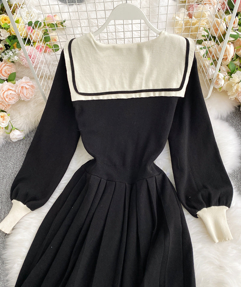 Black navy style knitted dress long sleeve dress 1010