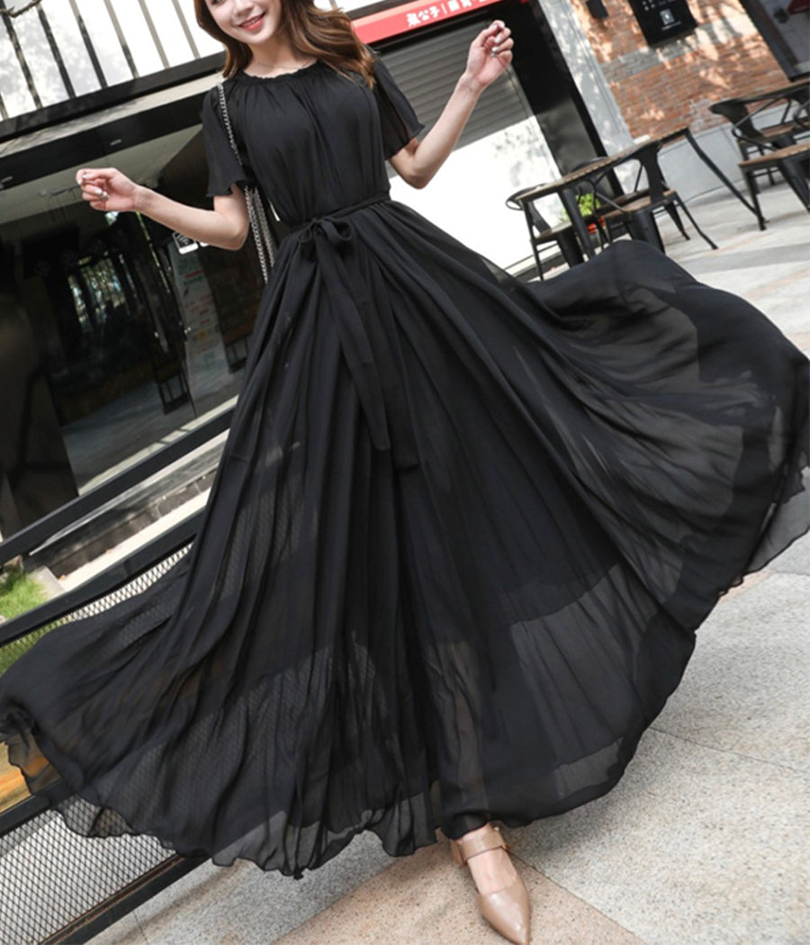 Black chiffon long dress women's dress 1191