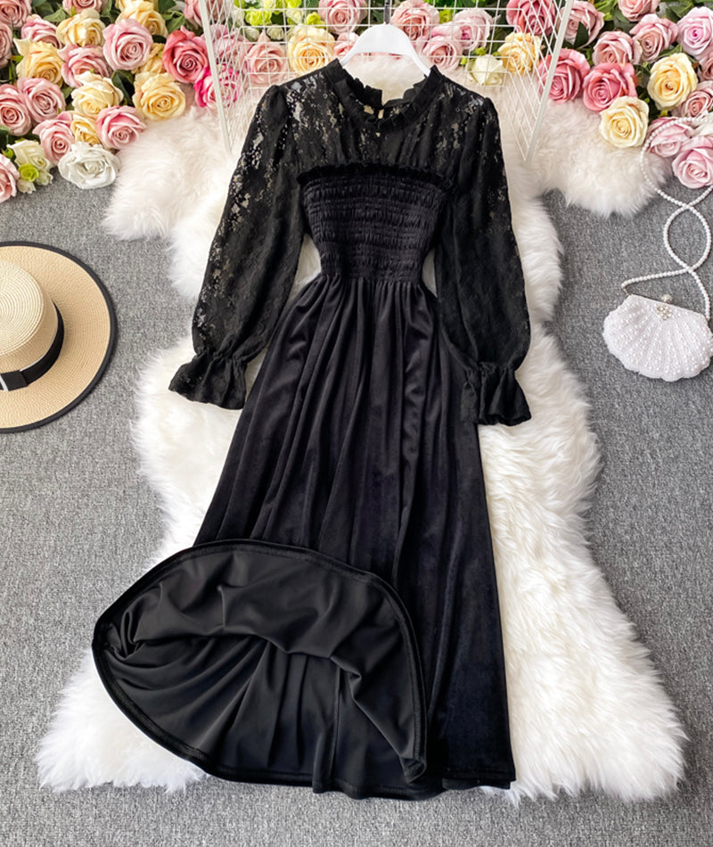 Robe élégante en dentelle de velours noir à manches longues 986