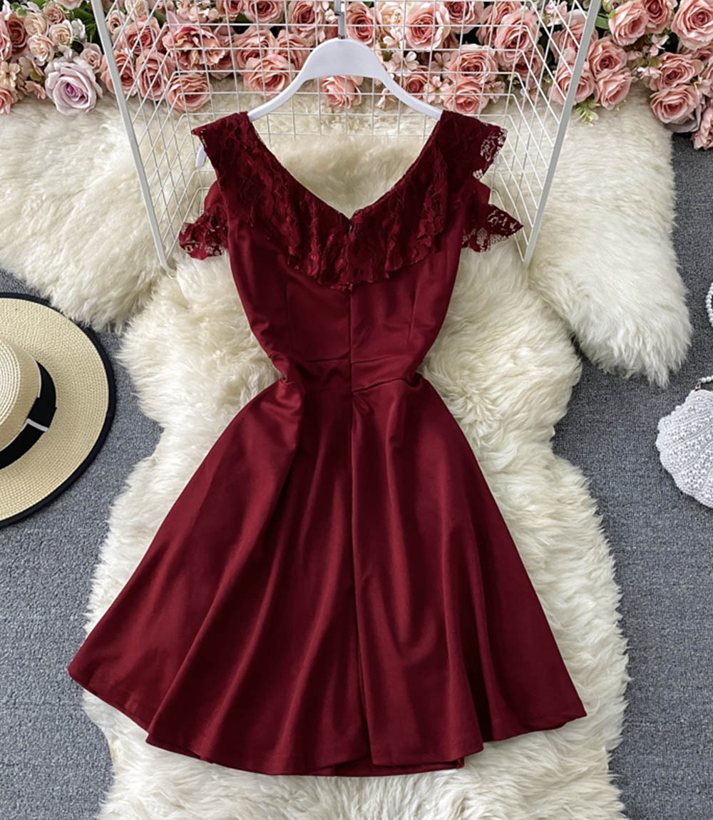 Red v neck short dress fashion dress 866