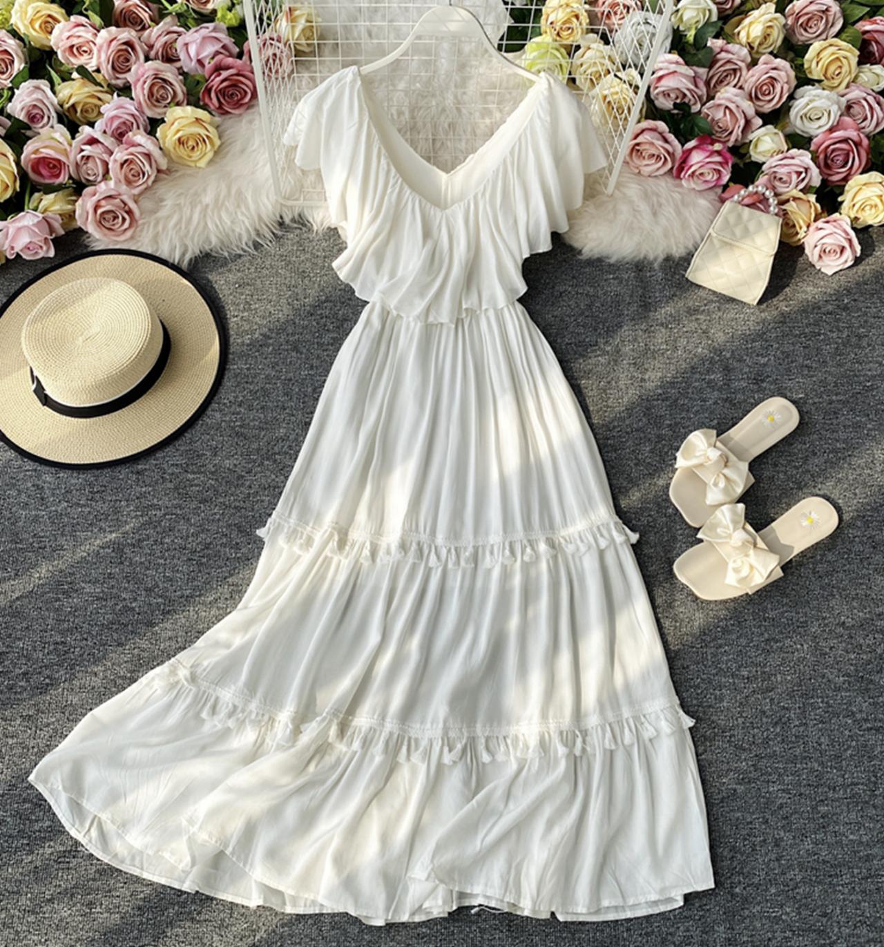 Robe blanche à franges et col en V Robe trapèze tendance 743