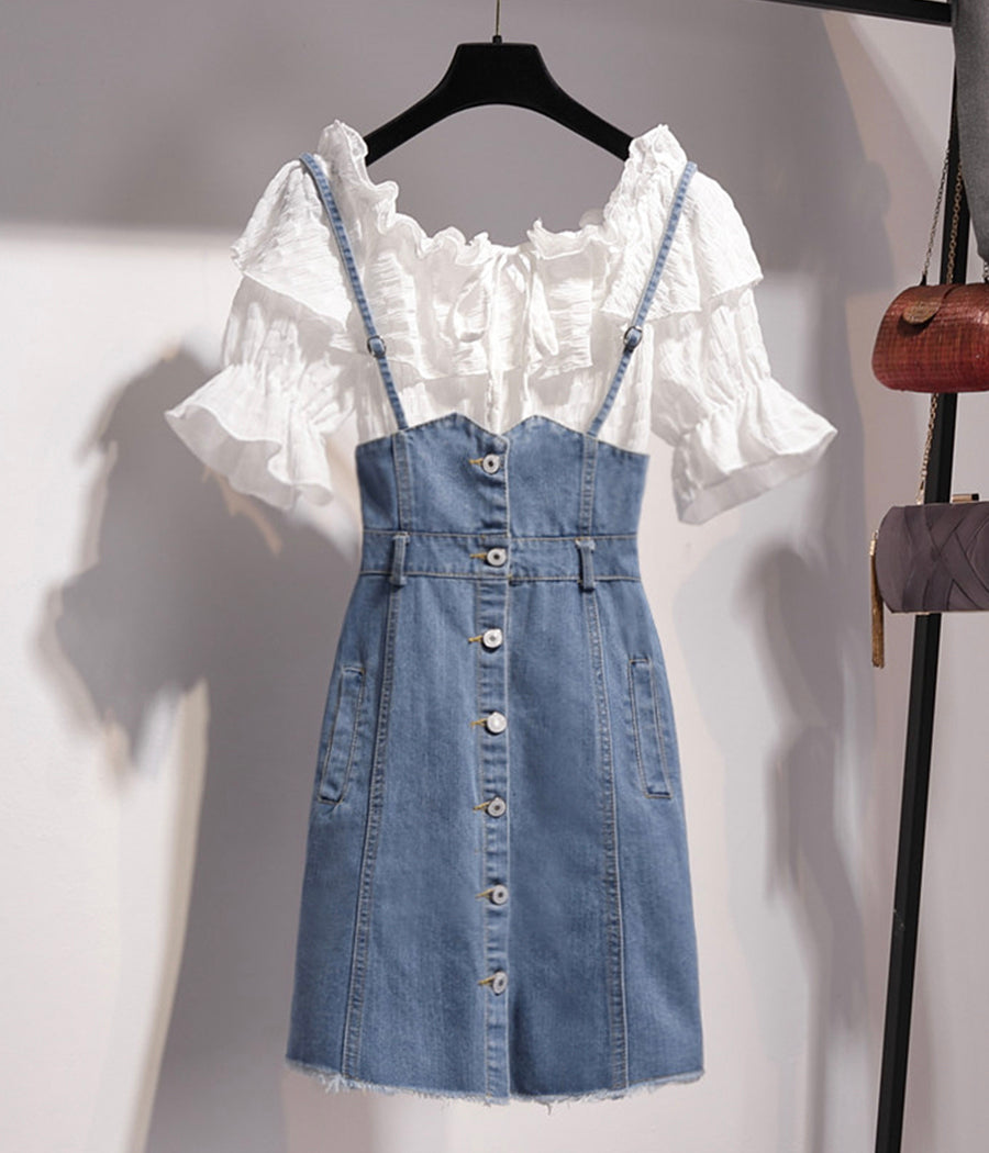 Süßes weißes Rüschentop + Jeansrock mit Trägern 1278