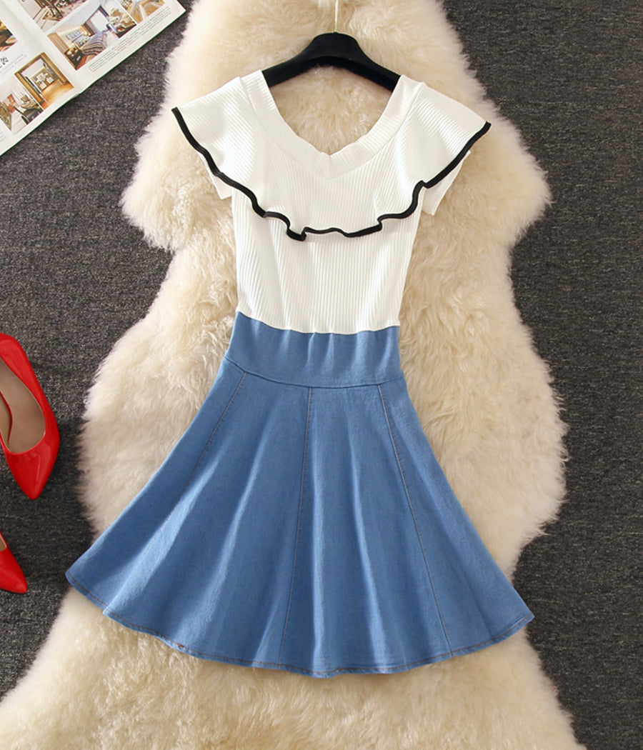 Cute v neck denim stitching dress summer dress 1251 girlhomeshops Cute v neck denim stitching dress summer dress 1251 girlhomeshops