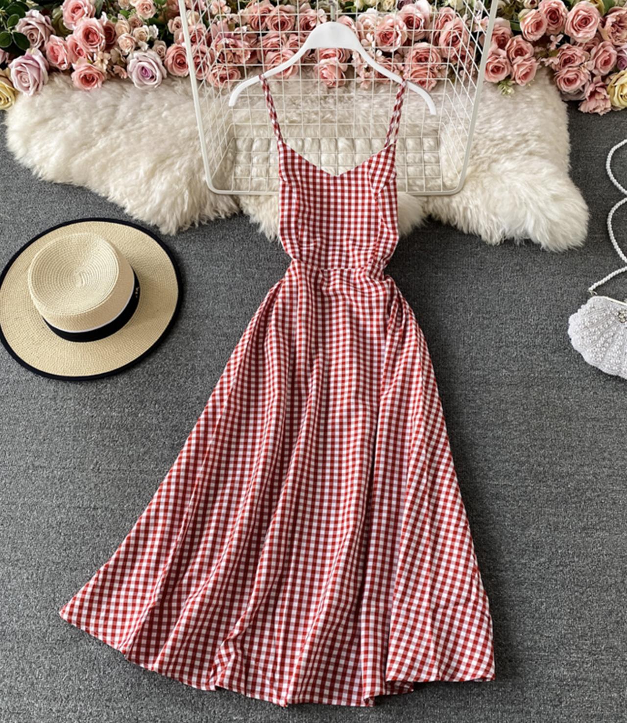 Red plaid dress A line backless dress 752