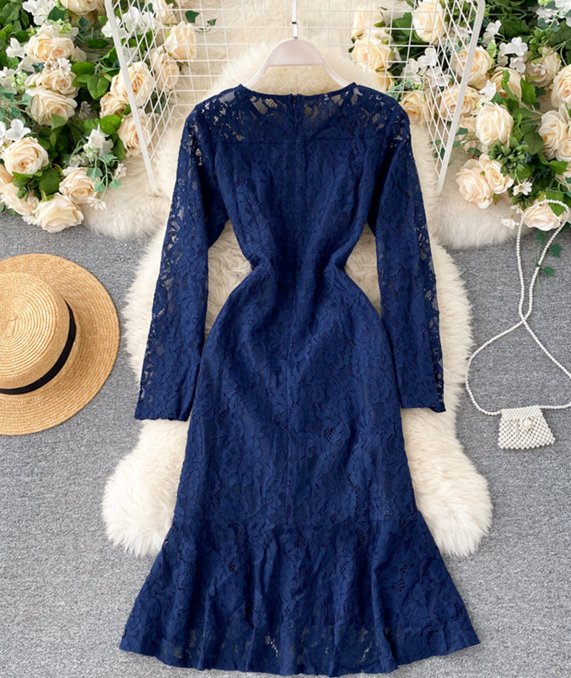 Blaues Rundhals-Spitzenkleid mit langen Ärmeln 955