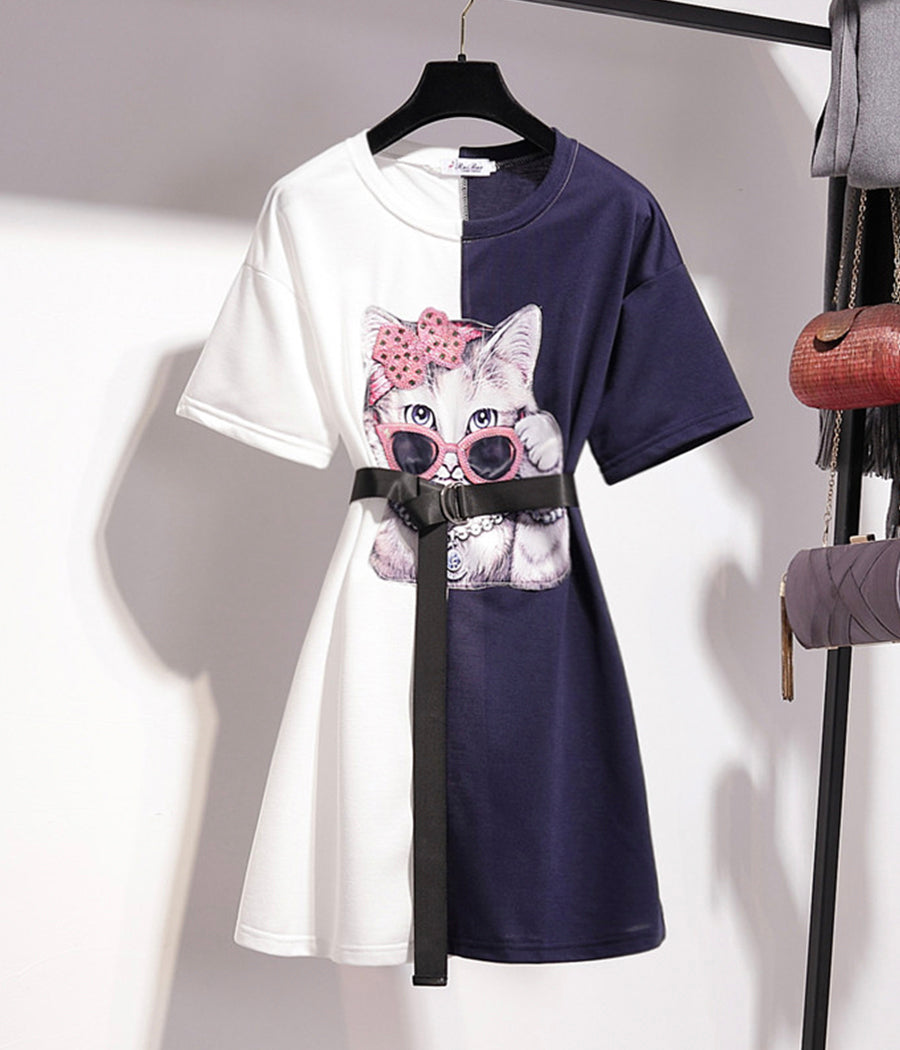 Cute cat round neck dress summer dress 1258