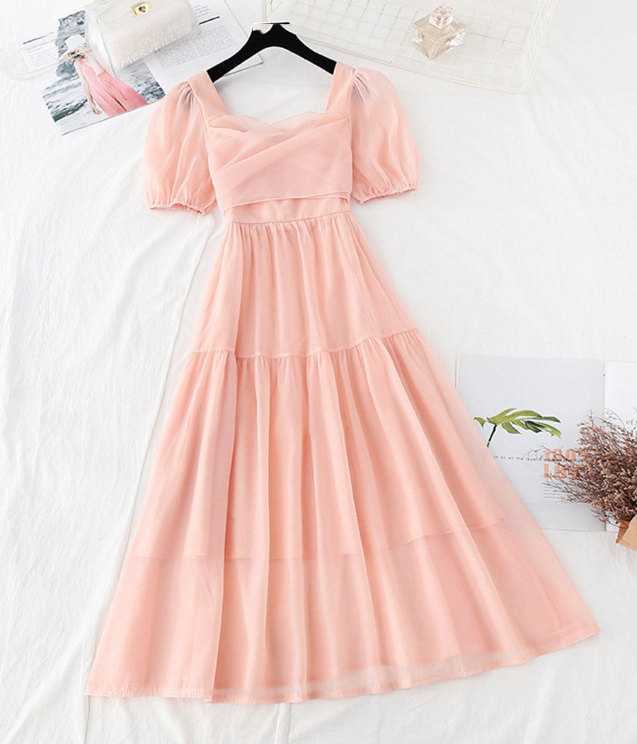 Pink chiffon A line dress short sleeve dress 1130