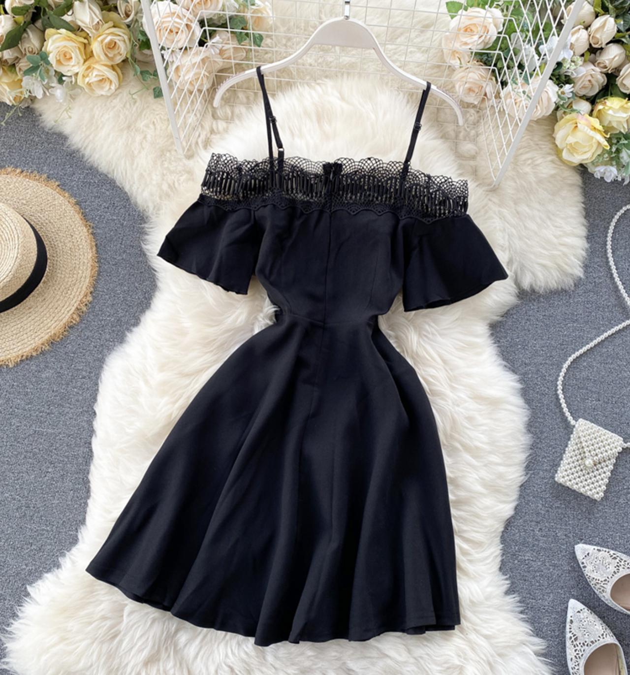 Cute black lace short dress A line off shoulder dress 742