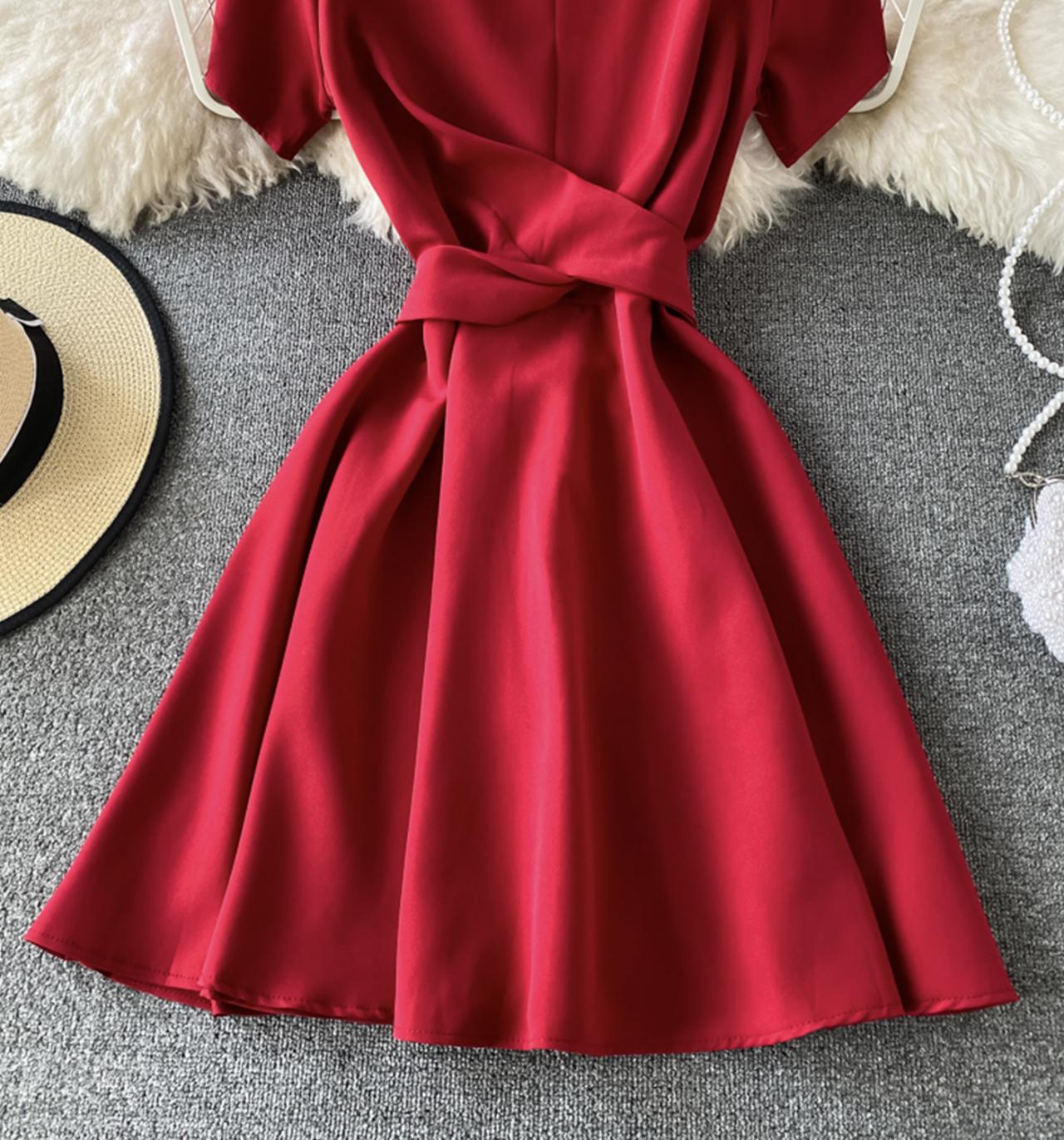 Cute A line round neck short dress 703