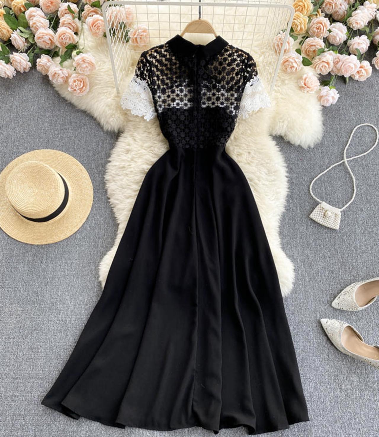 Cute lace short dress black A line dress 606