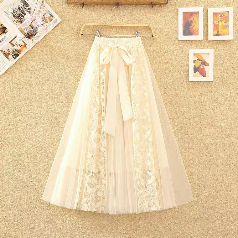 Jupe trapèze féerique, nouveau style, nœud, coutures en dentelle, jupe taille haute en maille, jupe longue en gaze hirsute 3520