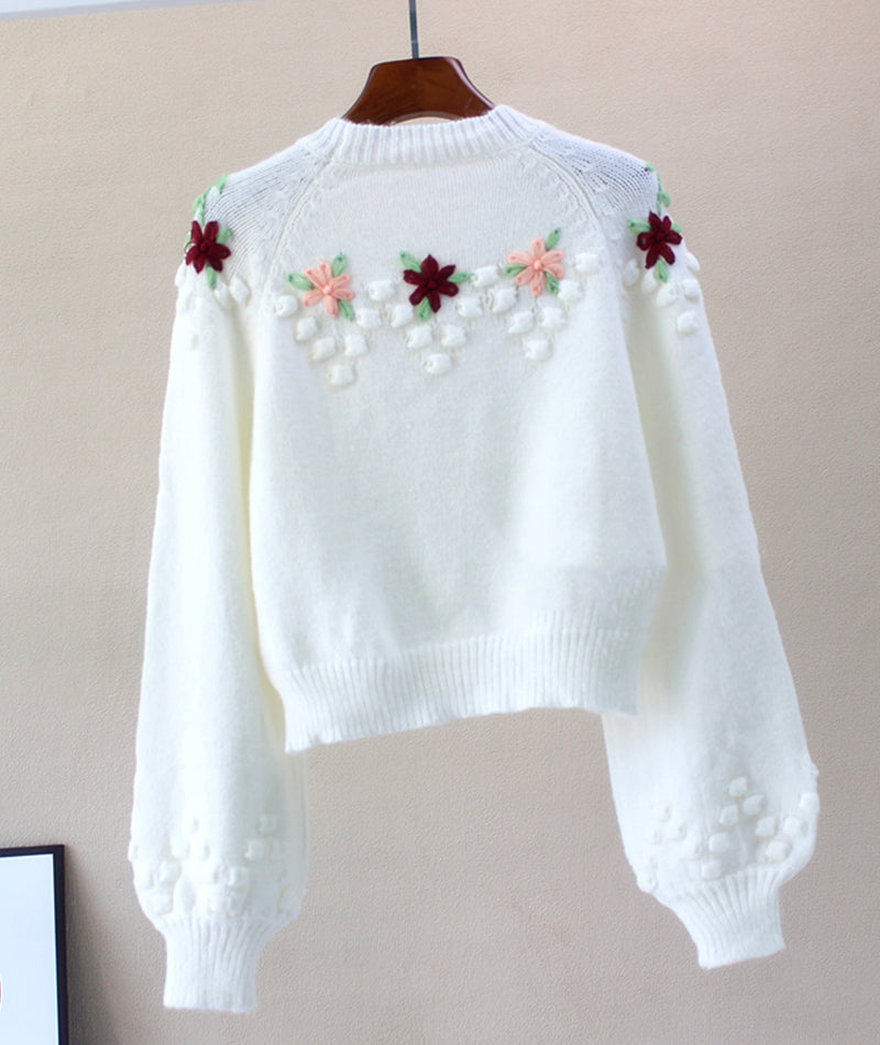 Sweet white flowers long sleeve sweater 081
