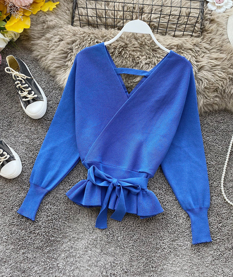 Cute v neck long sleeve sweater short sweater 099