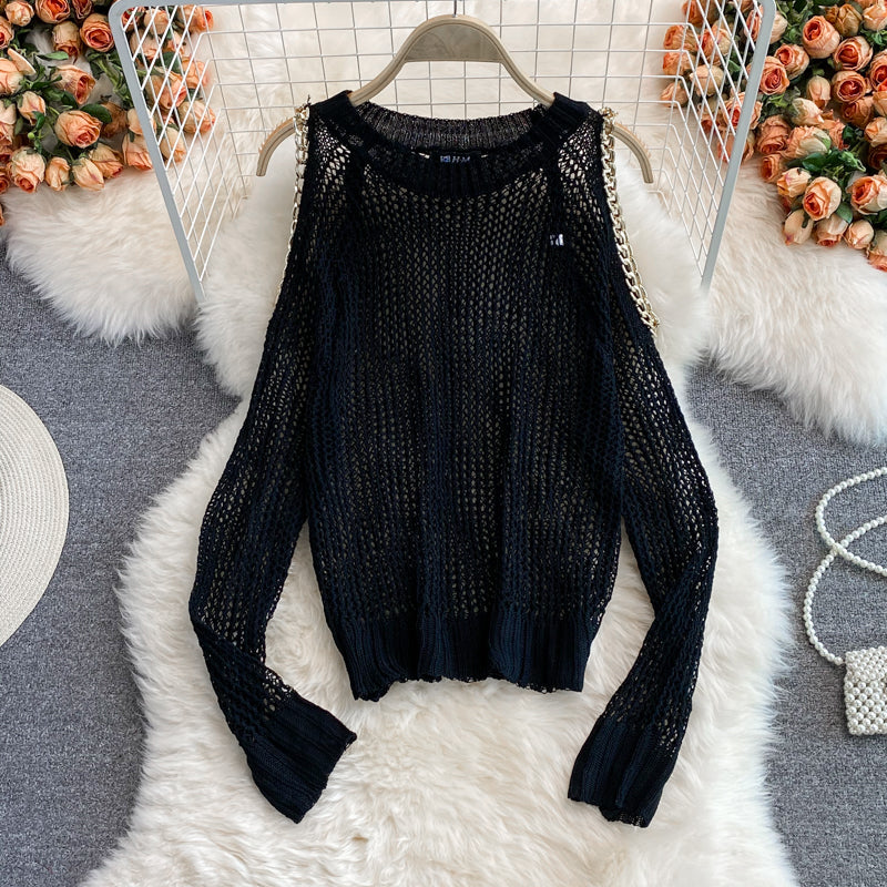 Cute cut-out long-sleeved sweater off shoulder sweater 038