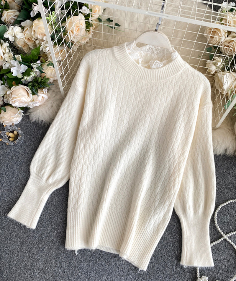 Joli pull à manches longues en dentelle à col rond 068