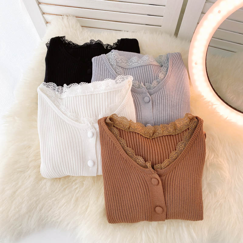 Einfacher Strickjacke-Spitzen-Langarm-Pullover 020