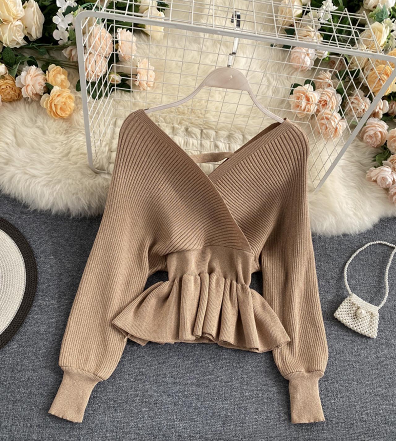 Stylish v neck long sleeve tops 045