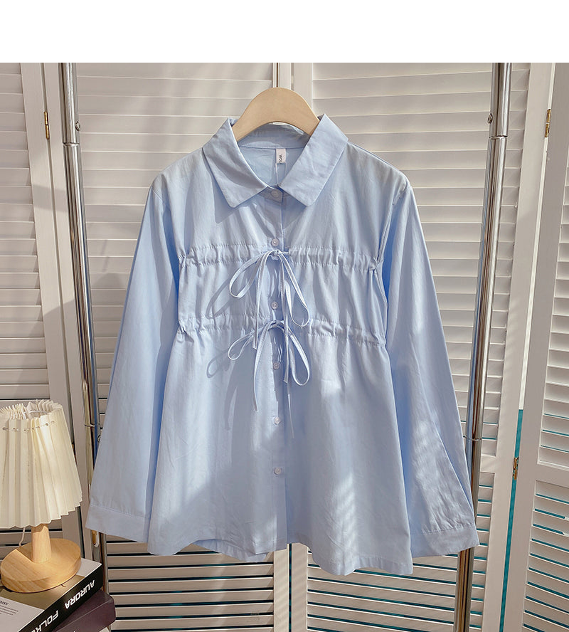 Korean solid color foreign style bandage single breasted Lapel top 6381