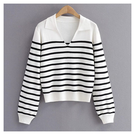 Minority retro lazy black and white striped sweater knitwear female  7493