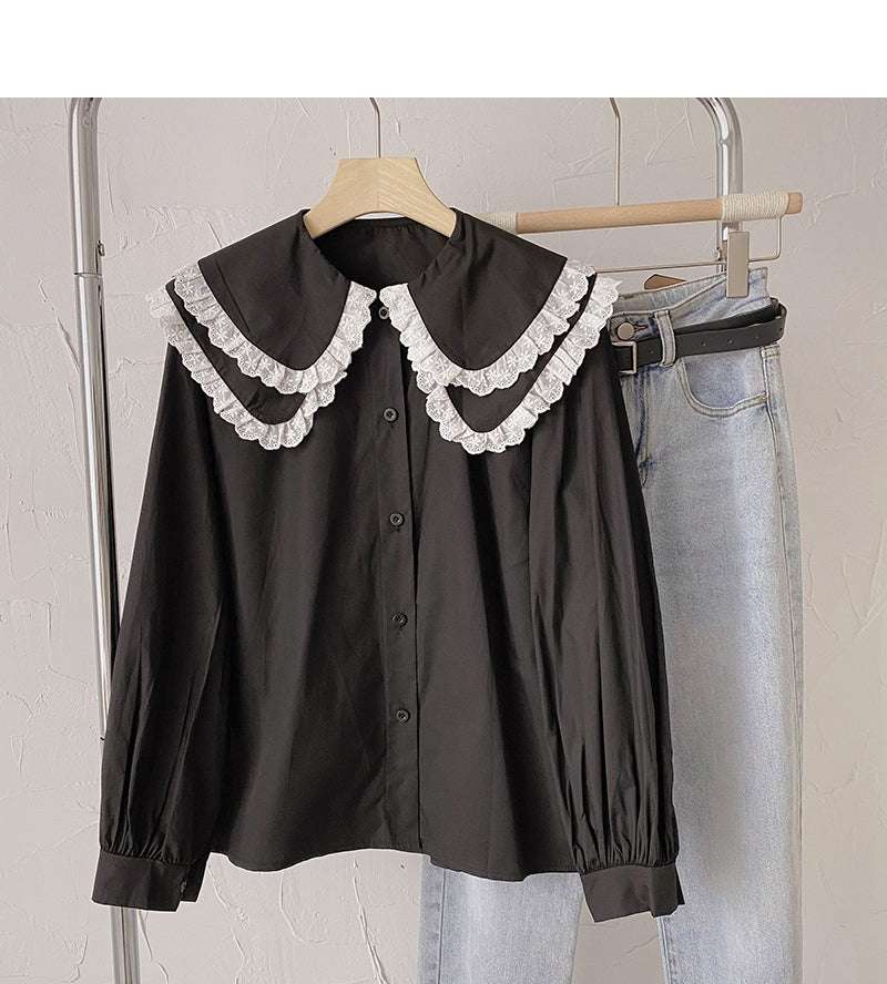 Chemise à col bébé en dentelle version coréenne haut simple boutonnage mince et de style étranger 6435