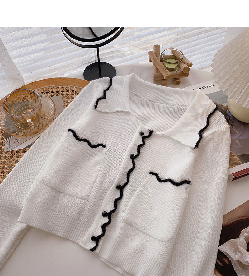 Niche design retro color blocking wave edge Lapel long sleeve top 6587