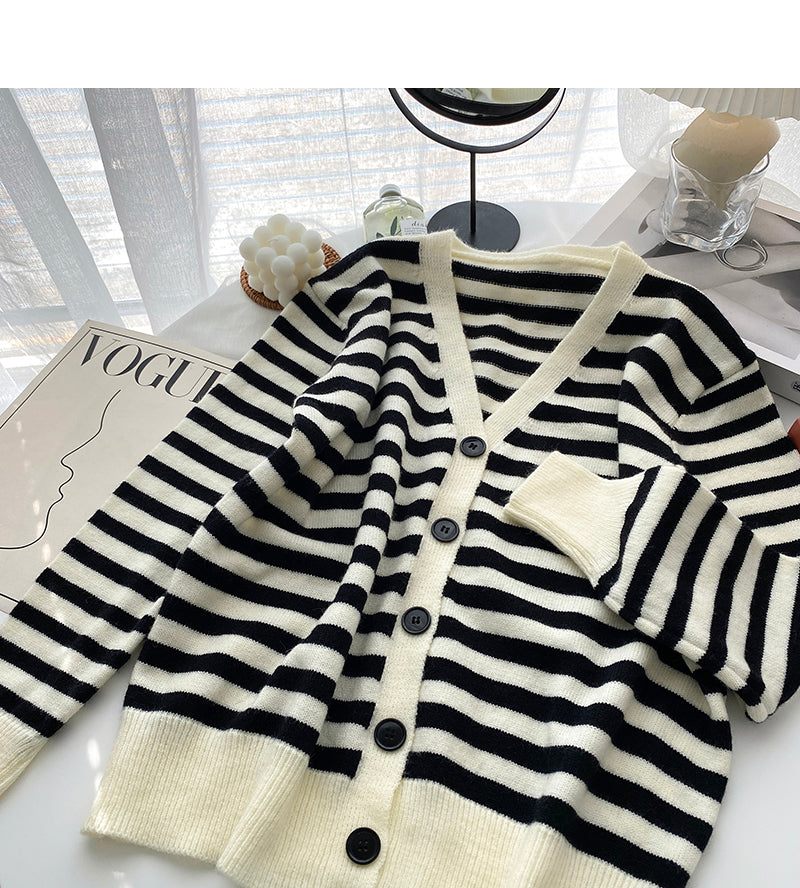 Cardigan tricoté à manches longues vintage à rayures et col en V, haut décontracté 6634