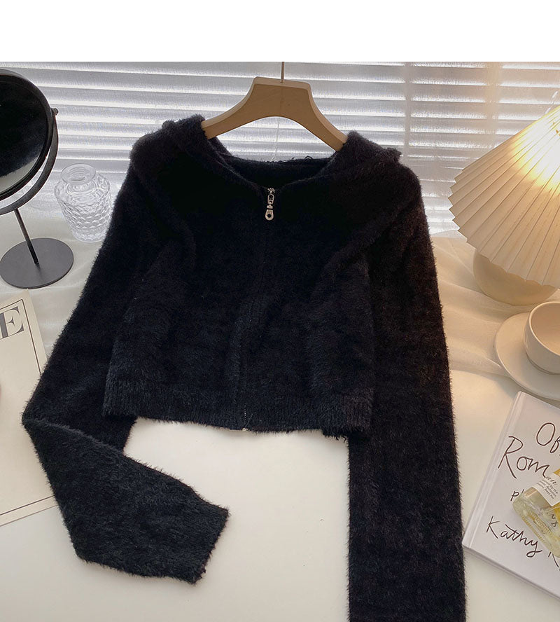 Korean Short foreign style versatile hooded long sleeve top 5859