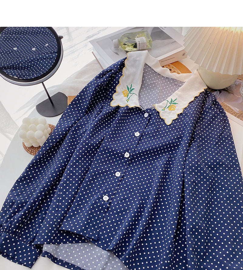 Kleines französisches Polka Dot-Hemd Hemd mit Reversstickerei 6266