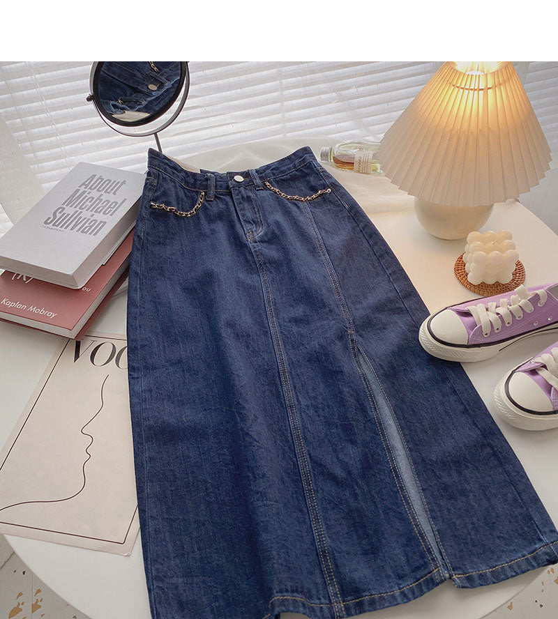 Jupe trapèze fendue taille haute décorative à petite chaîne rétro 5722