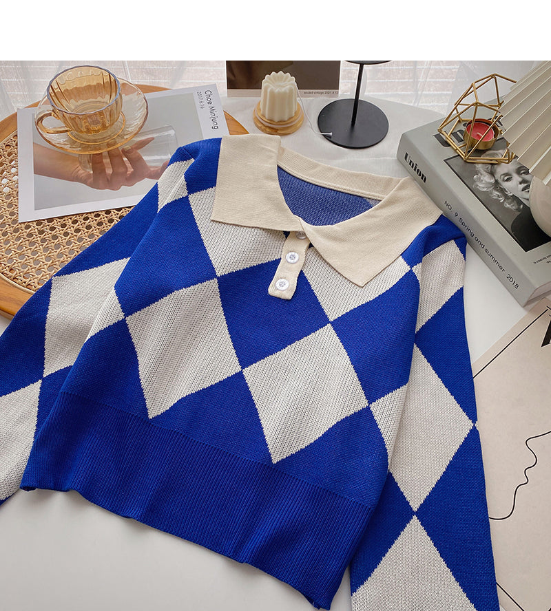 Plaid long sleeve top retro versatile short slim sweater 6681