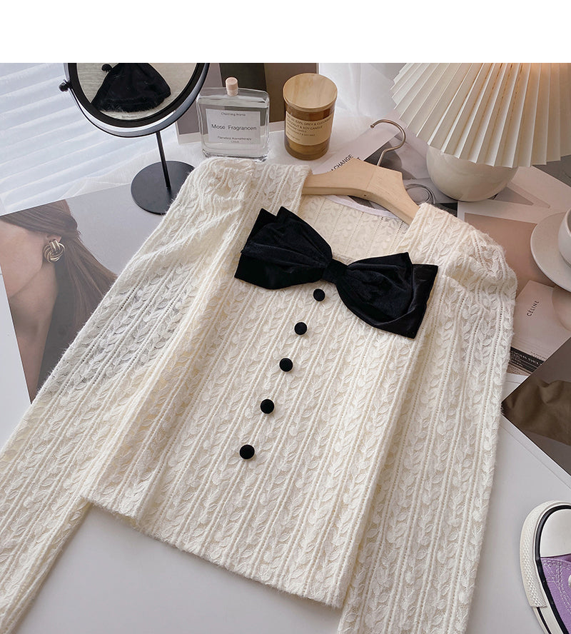 Bow Vintage French shirt square neck long sleeve top fashion 6389