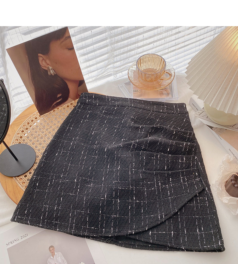 Korean fashion retro design pleated hip Plaid high waist A-shaped skirt 5628