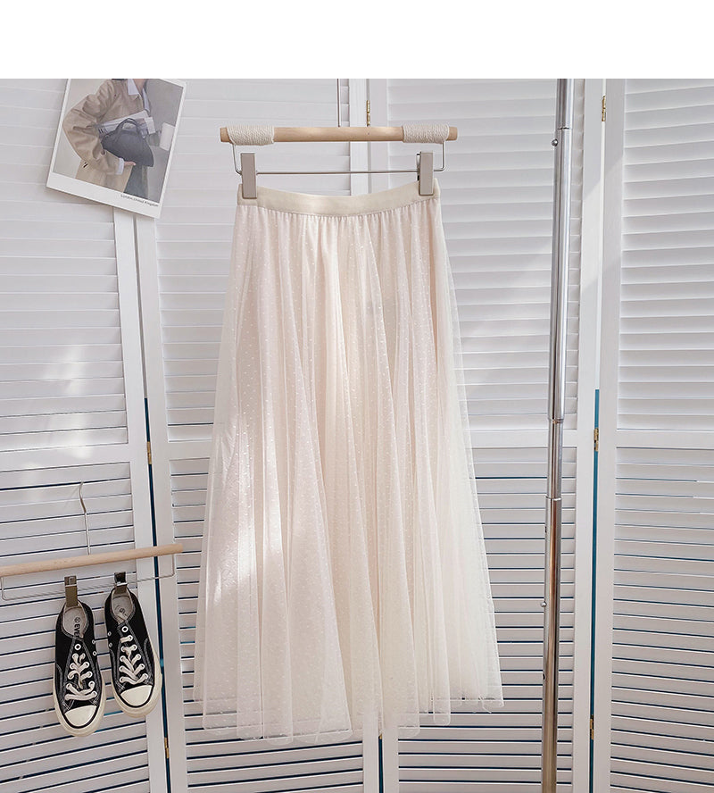 Solid color Polka Dot mesh high waist A-shaped mid length skirt 5790