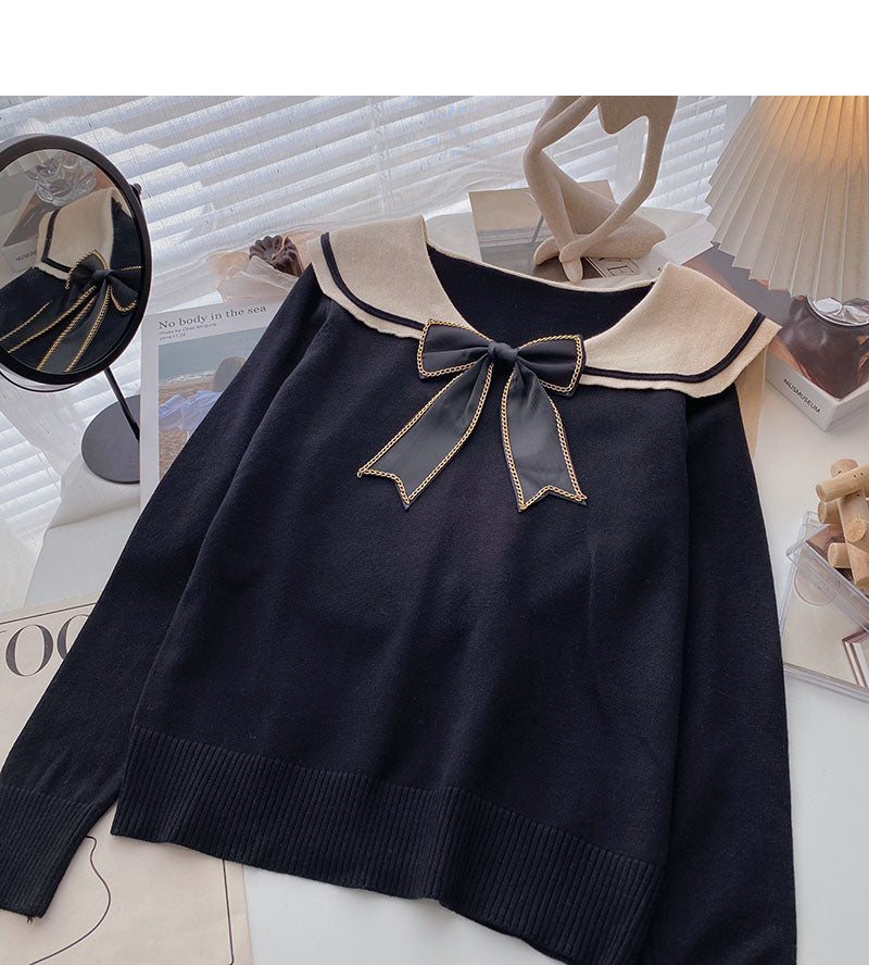 Long sleeved sweater personalized bow Navy collar top 6690