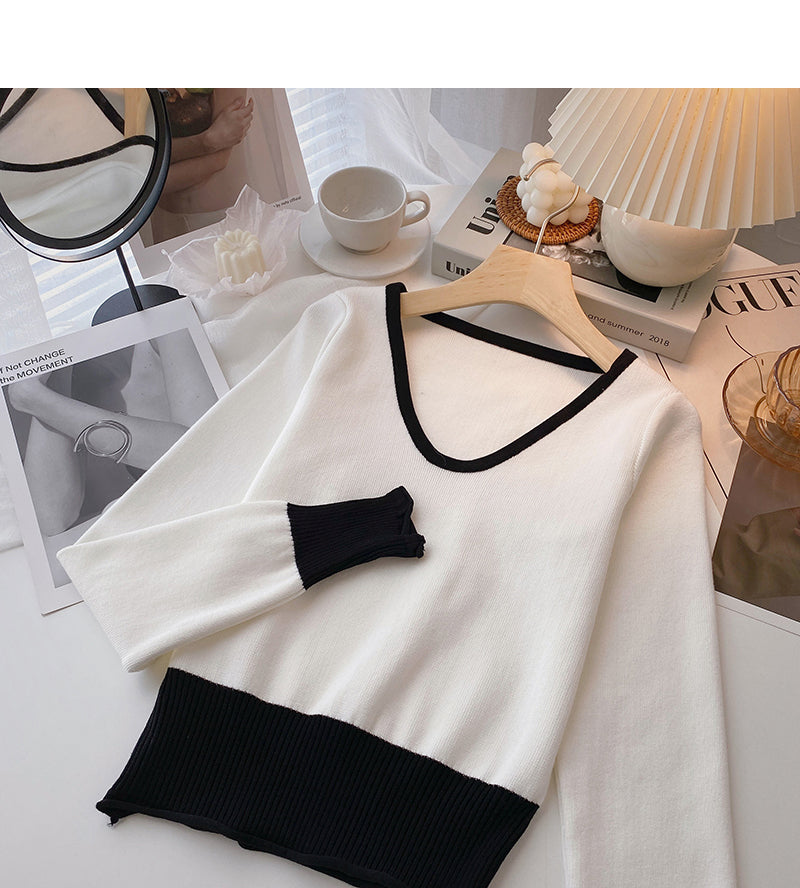 Haut à manches longues et col en V contrasté au design polyvalent 6694