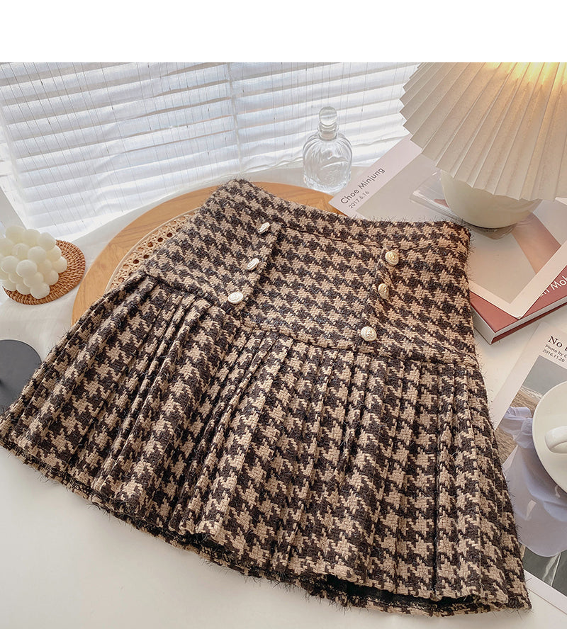 Korean double breasted design retro fashion thousand bird pleated skirt 5413