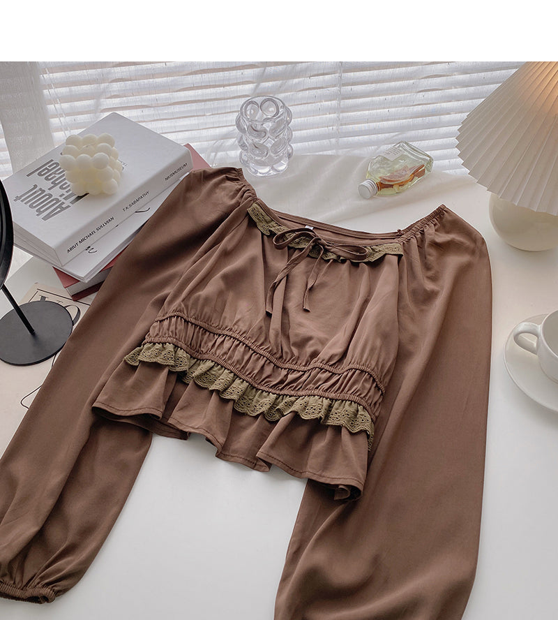 Haut à manches courtes et col carré avec empiècement en dentelle tendance 6293