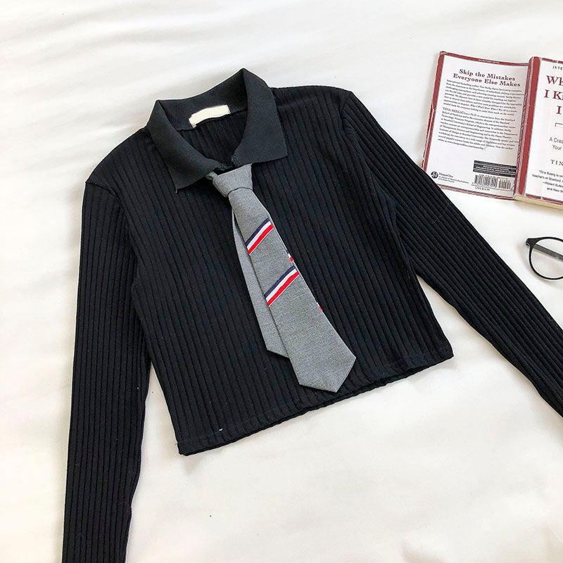 College-Polo-Krawattenstrick, schmales, langärmliges Oberteil 6447