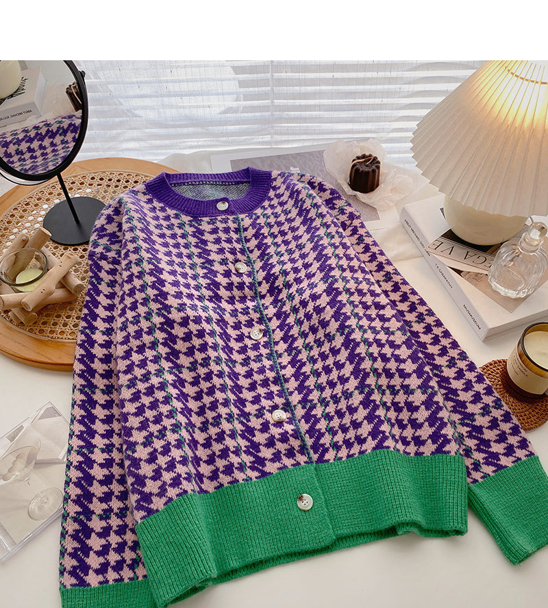 Design contrast color thousand bird check long sleeve coat 6072