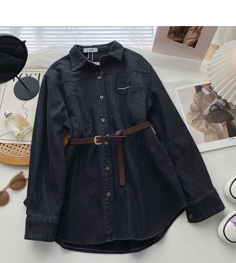 Korean version of Hong Kong style fashion loose long sleeved top with belt 6342