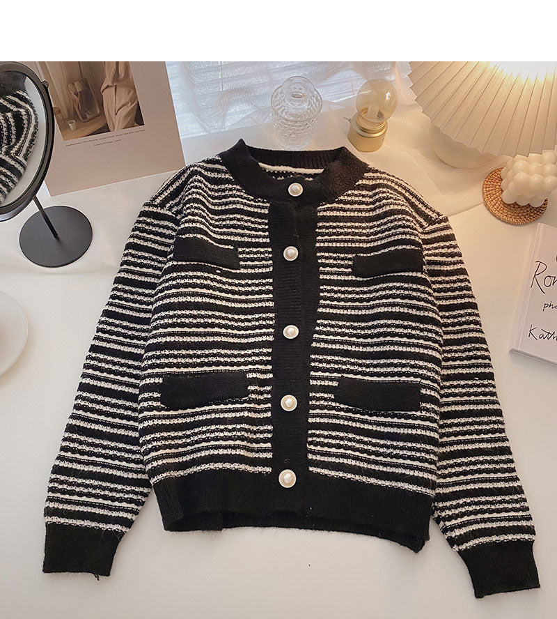 Design sense Vintage pearl button stripe long sleeve slim loose top 5873