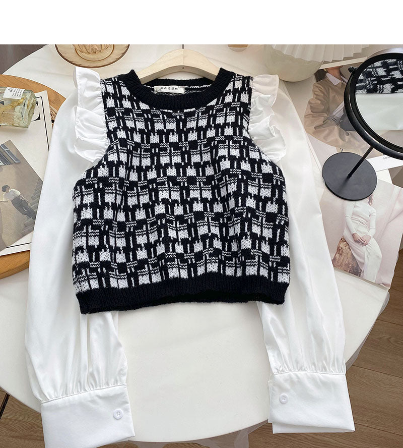 Knitwear Vintage fungus edge long sleeve stitching top 6515