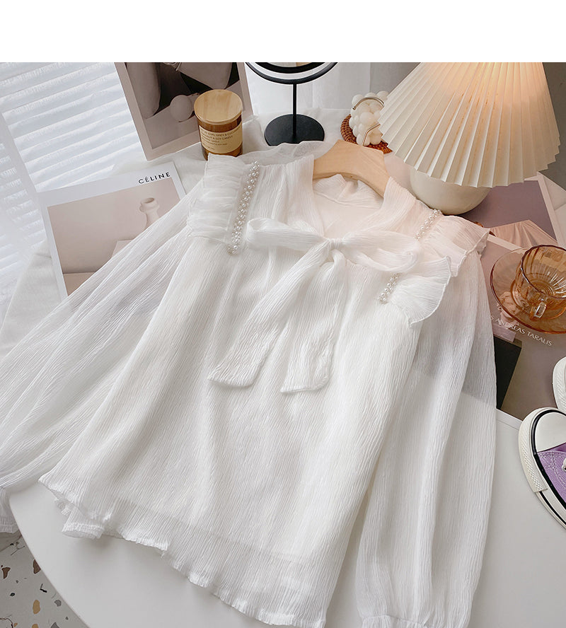 New Korean version nail bead Ruffle slim long sleeve top 6428